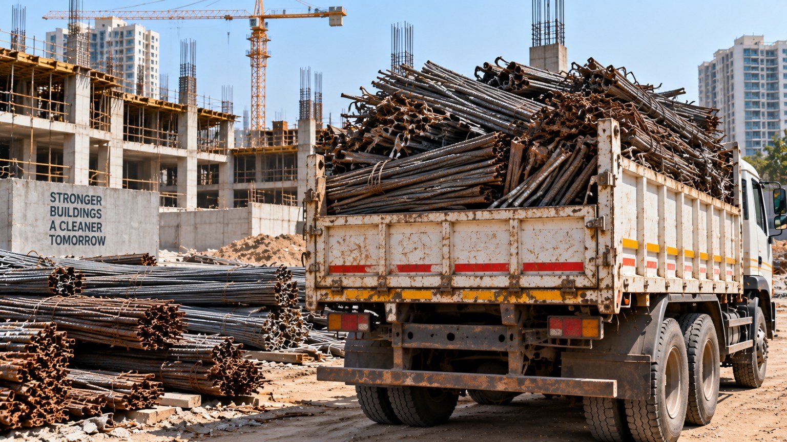 TMT steel scrap collection at a construction site in Hyderabad